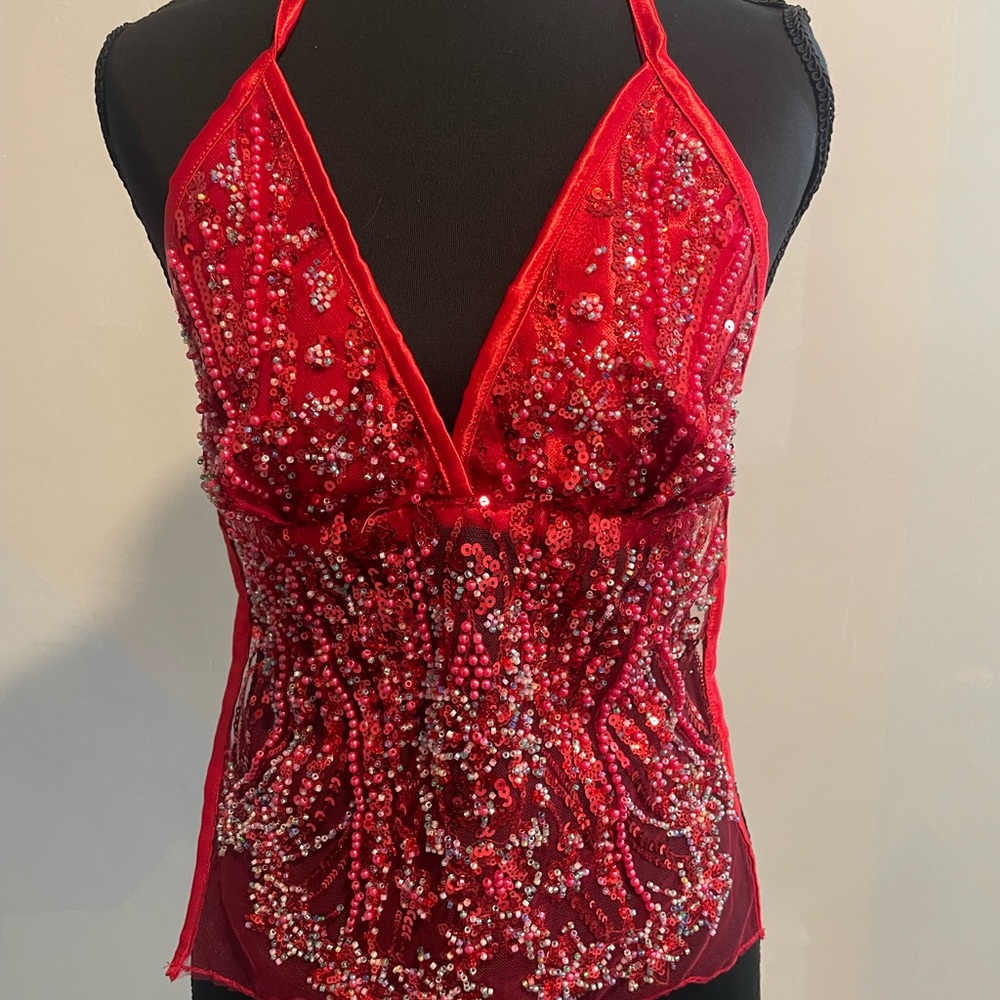Red Beaded V-Neck Tank Top
